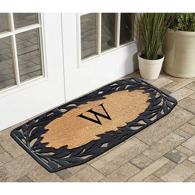 A1HC Rubber and Coir Stylish Leaf Border Large Outdoor Durable Monogrammed Doormat, Black - 23" X 38"