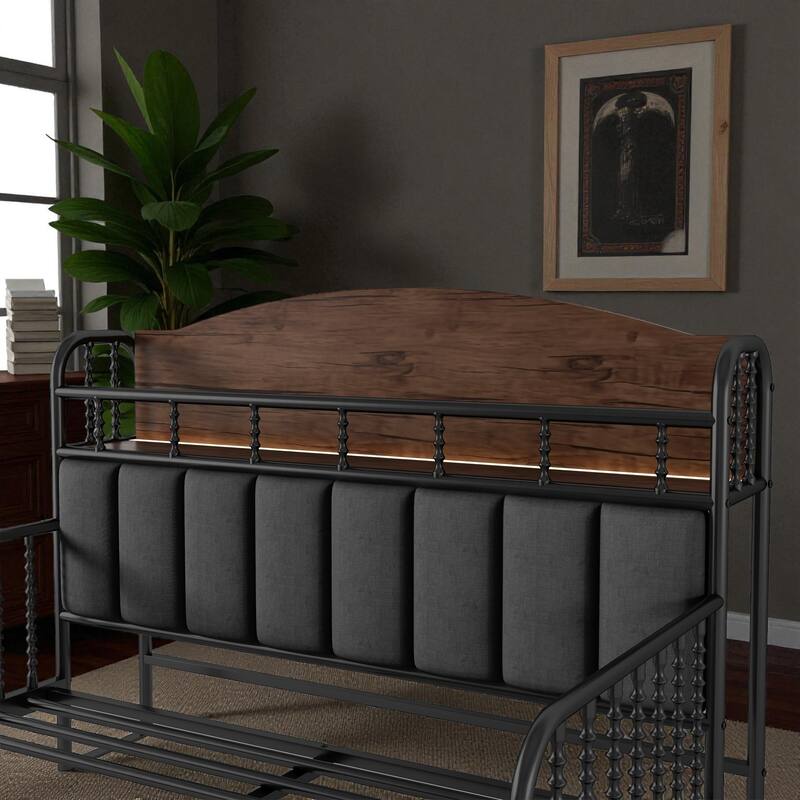 Twin/Full Size Metal Platform Bed with LED Lights and Upholstered Headboard, Kids Bed Frame with Storage Shelf
