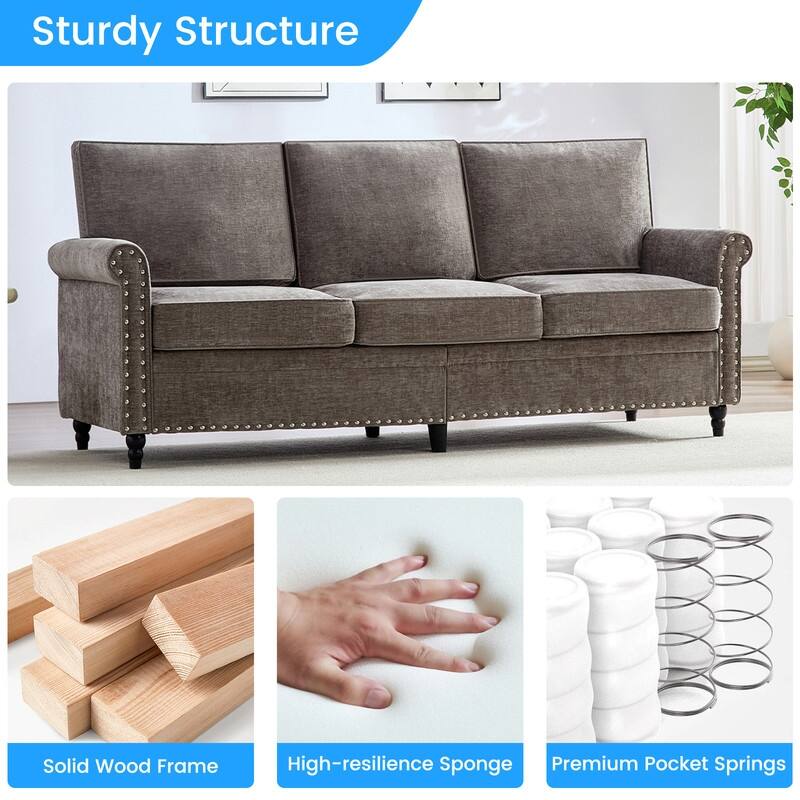 Mixoy Chenille Living Room Sofa,Modern 3-Seater Sofa Couch,Unique Riveted Look