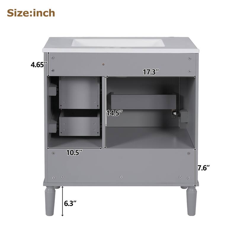 30" Freestanding Bathroom Vanity with Ceramic Sink, Soft Close Door and Drawers, Solid Wood Frame, Modern Storage Cabinet