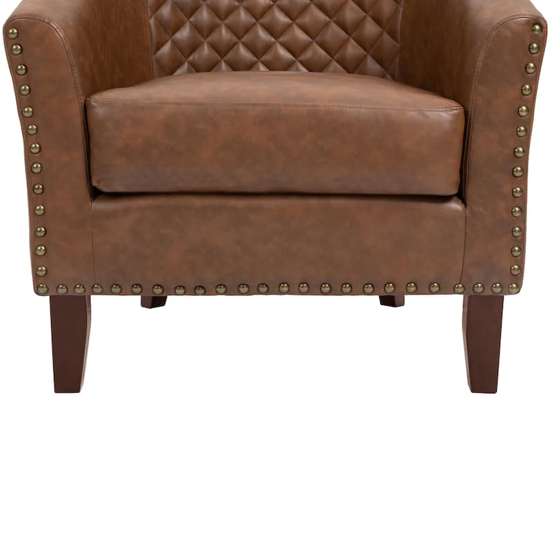 Modern Leather Nailheads Trim Barrel Accent Chairs with Wood Legs