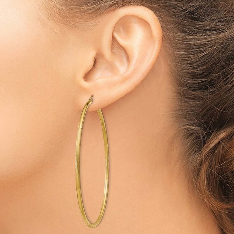 Curata 14k Yellow Gold Satin and Sparkle Cut 60x2mm Round Hoop Earrings