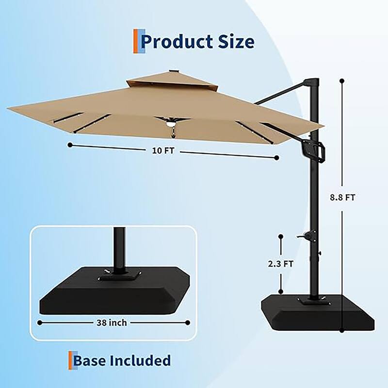 10FT Outdoor Cantilever Umbrella Patio Umbrella Solar LED with Base Included, 360-Degree Rotation