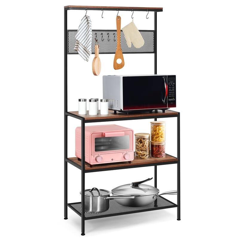 4-Tier Bakers Rack Kitchen Rack Stand with Hooks and Mesh Panel