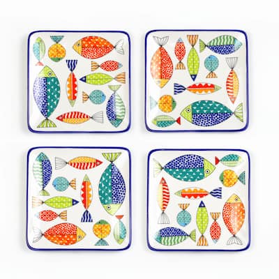 Euro Ceramica FreshCatch Multicolor Ceramic 4 Piece Canape Plates Set