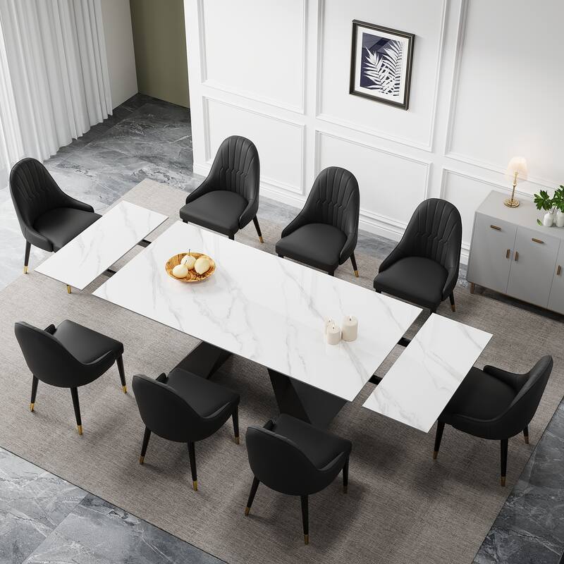 9 - Piece 110.24'' Extendable Sintered Stone Dining Table and 8 Leather Chairs Dining Set