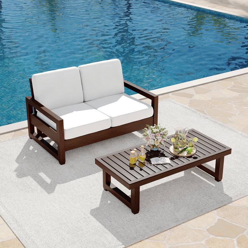 Teak Loveseat Patio Set with Cushions and Table (2-Piece)