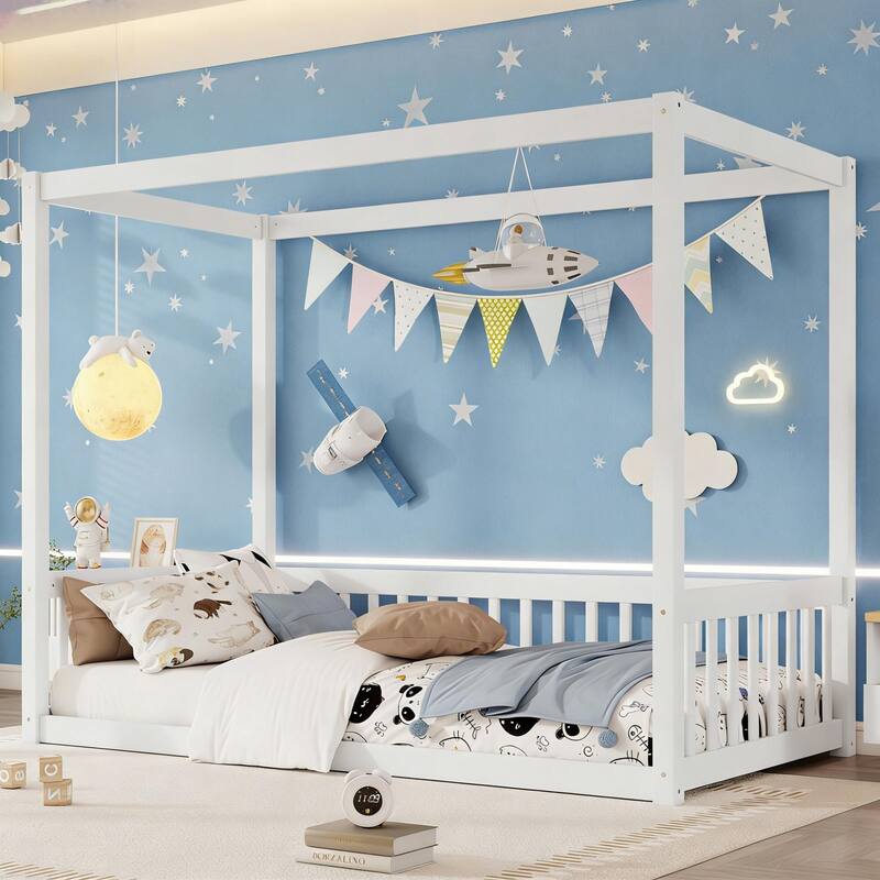 Twin Size Canopy Frame Floor Bed with Fence, Guardrails, White