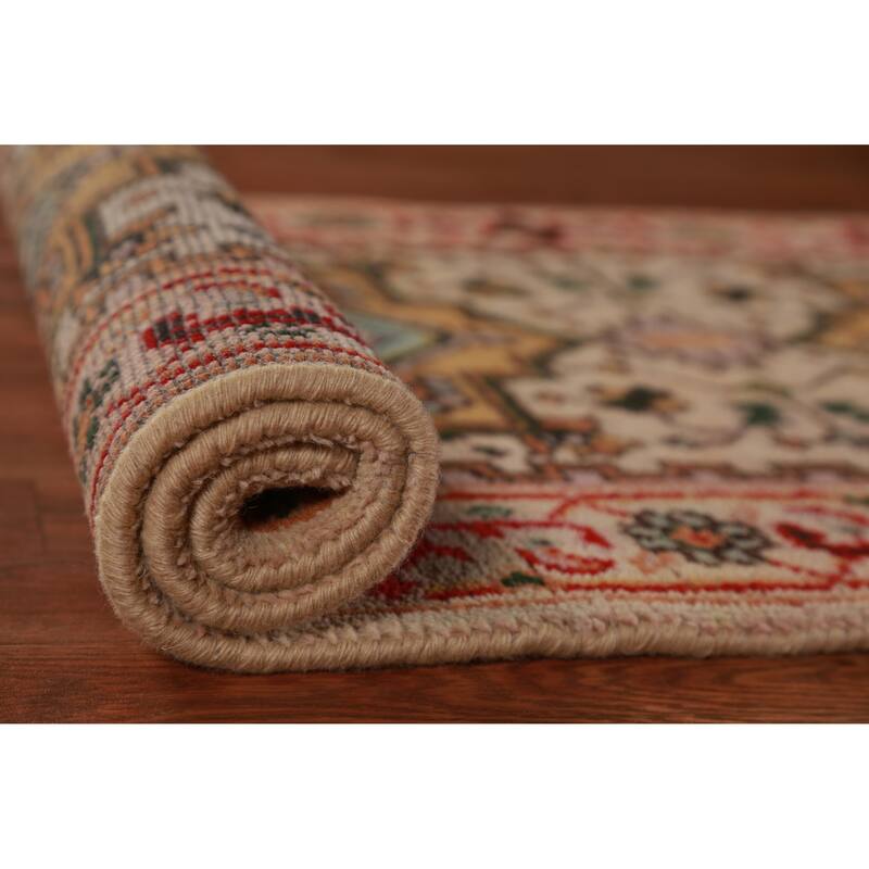 Hand Knotted Oriental 100% Wool Carpet Traditional Geometric Beige & Ivories Heriz (serapi) Runner Rug - 8' 1'' X 2' 7''