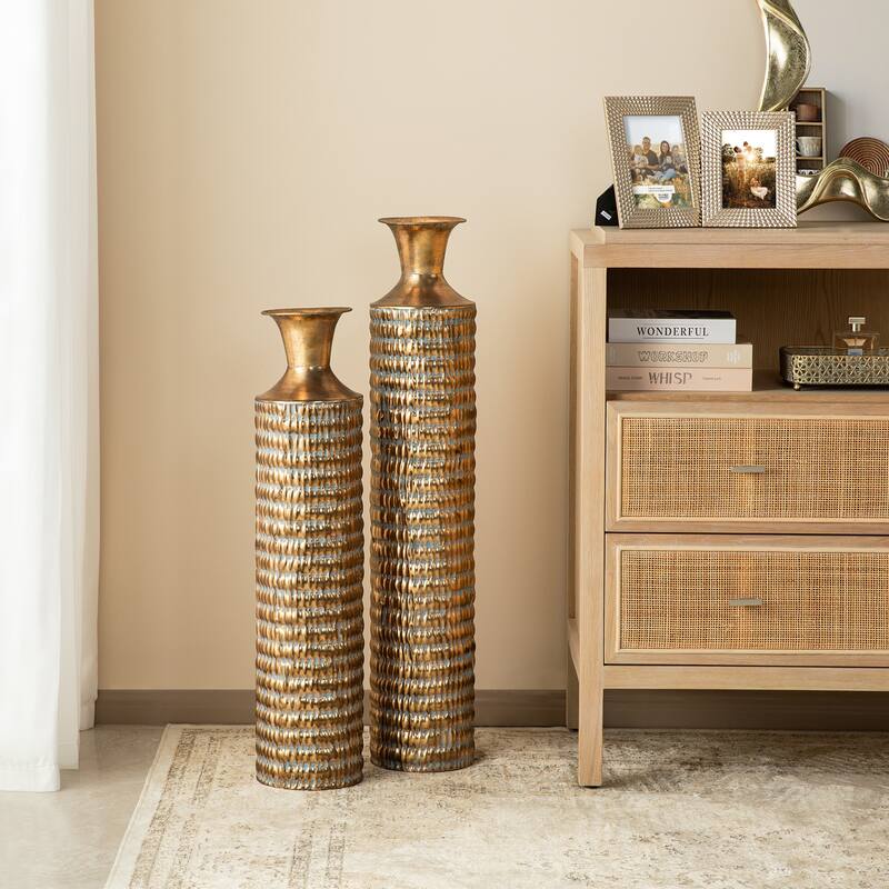 Glitzhome Set of 2 Metal Antique Gold Gingko or Verdigris Finish Floor Vases