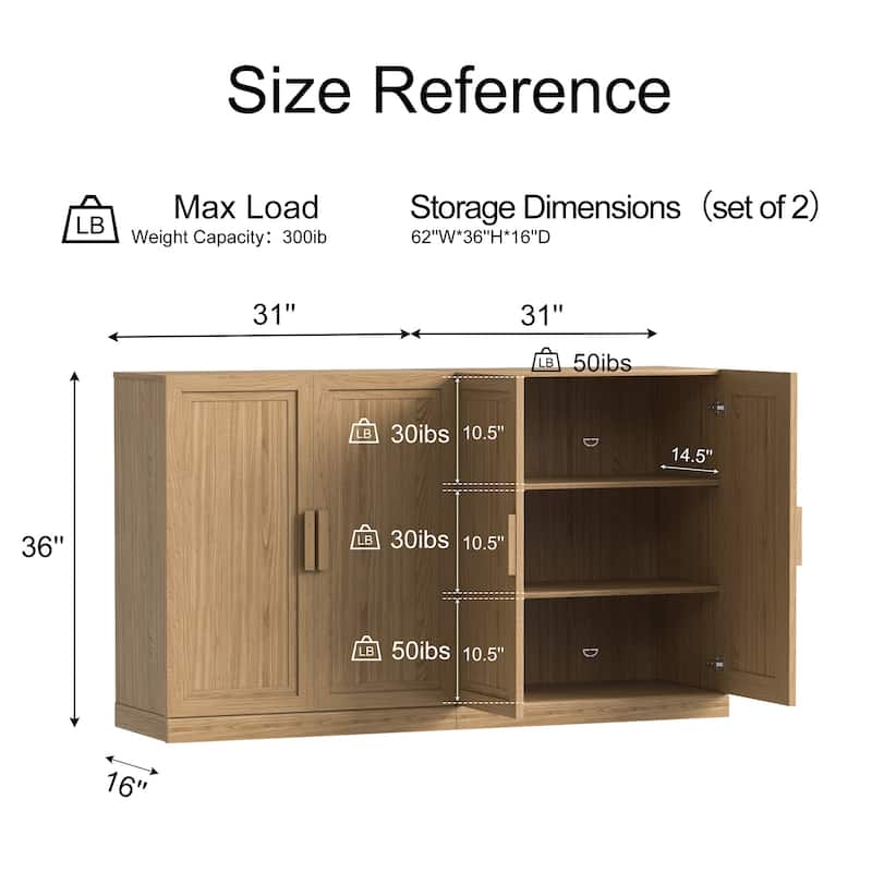 62"Lx36"H Solid Wood Kitchen Pantry Sideboard Buffet Cabinet Storage with Adjustable Shelves