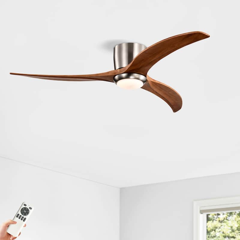 52" Flush Mount Ceiling Fan Solid Wood Blades Ceiling Fan With Light With Remote Control,Noiseless Reversible Motor,6 Speed