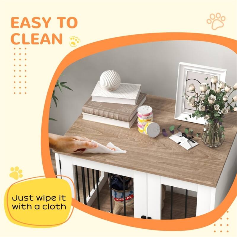 Walnut Brown and White Dog Crate with Front Door Adjustable Feet Woodgrain Finish Side Table Function