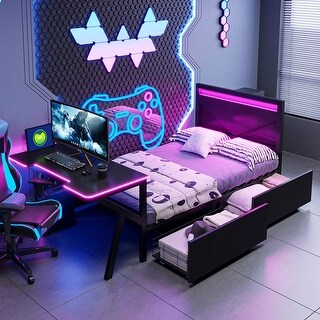 Twin Size Metal Gaming Platform Bed with LED Headboard, LED Desk, USB and 2 Drawers