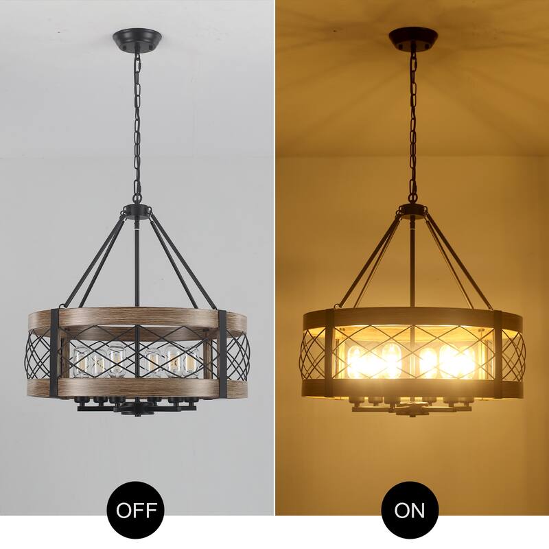 Drum Rustic Hanging Lights 6-Light Adjustable Farmhouse Chandelier Dining Room Light Fixture Kitchen Island Lighting - N/A