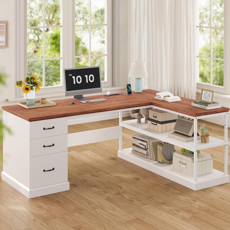 L Shaped Desk Drawers Storage Shelves Executive Home Office Desk