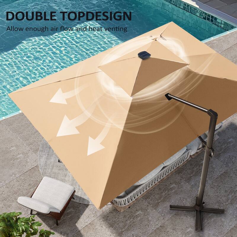 10 X 13 FT Outdoor Patio Cantilever Umbrella with Solar Lights Double Canopy 360 RotationTilt
