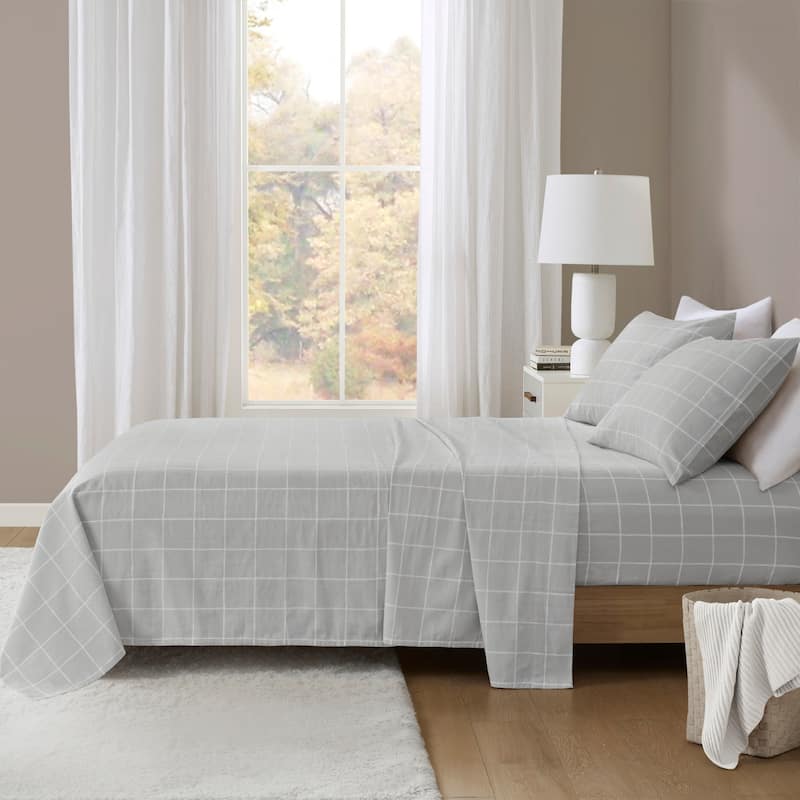 Madison Park Cozy Cotton Flannel Printed Sheet Set - King - Grey Windowpane