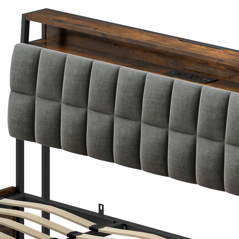 Moasis Lift-Up Storage Bed Frame with Charging Station & Storage Headboard