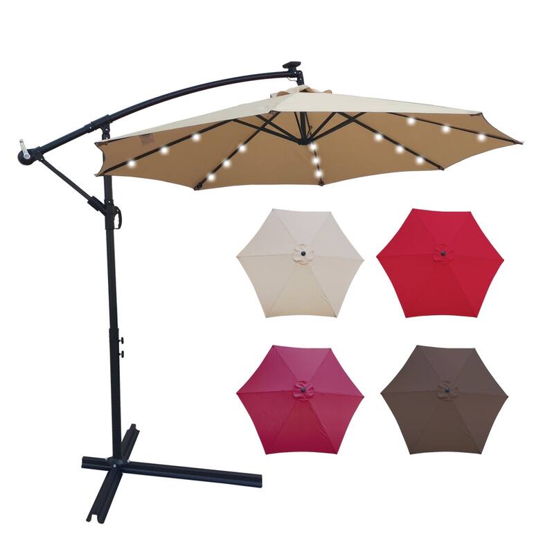 Outdoor Patio Umbrella Solar Powered LED Lighted Sun Shade Market Waterproof 8 Ribs Umbrella with Crank and Cross Base