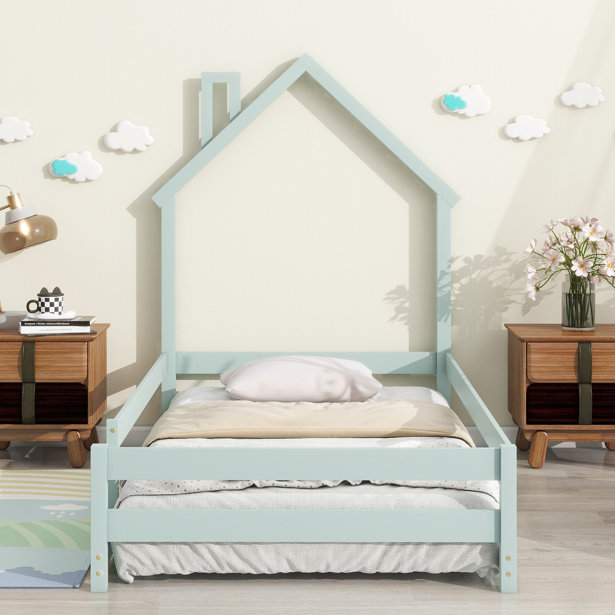 Twin Size Wood bed with House shaped Headboard Floor bed with Fences Light Green