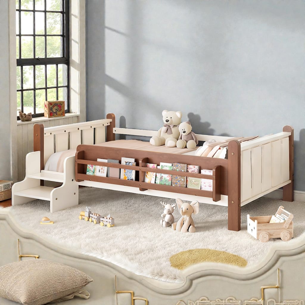 Twin Size Kids Floor Bed with Storage Bookcases, Solid Wood Platform Bed with Stairs and Guardrails