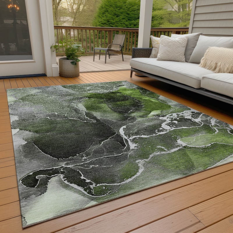 Machine Washable Indoor/ Outdoor Chantille Abstract Green Rug