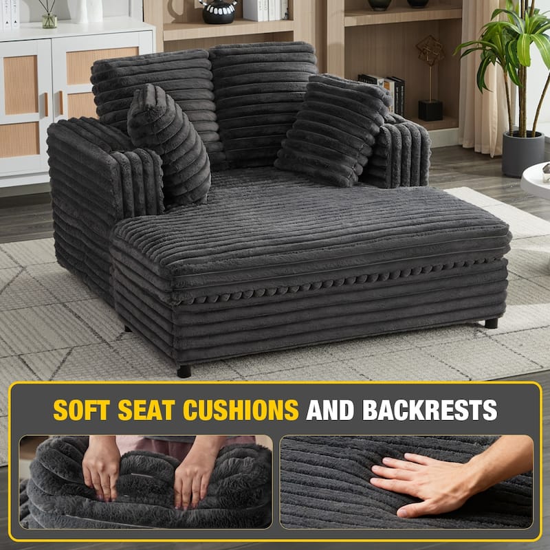 64" Oversized Chaise Lounge Chair Sofa Bed, Corduroy Upholstered Sleeper Chair with Wood Frame, Storage Pockets, Cup Holders