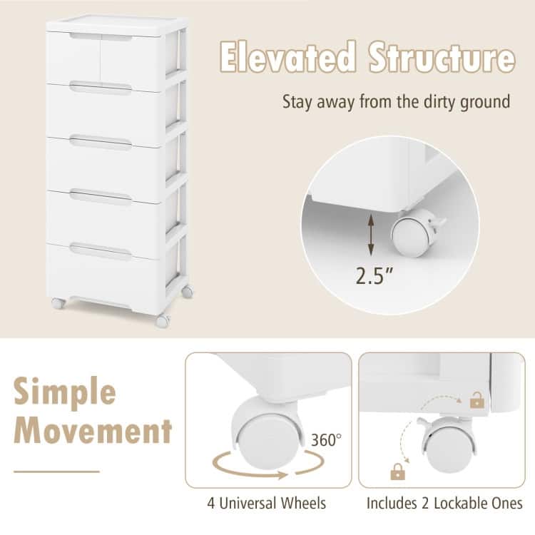 Multi-Drawer White PP Mobile Storage Organizer with Locking Wheels for Bathroom or Kids Room