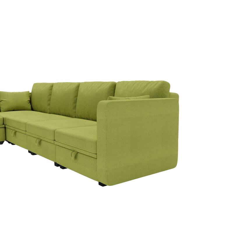 Linen Fabric U Shaped Modular Couch Set with Ottomans and Storage Seats
