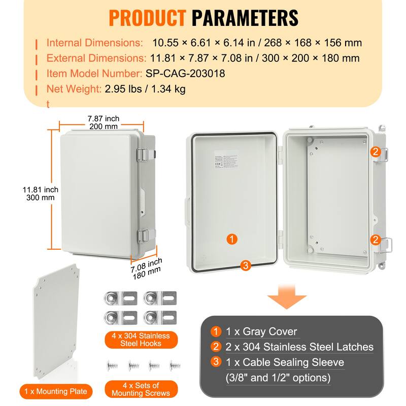 Outdoor Electrical Junction Box, ABS Plastic Electrical Enclosure Box with Hinged Cover Stainless Steel Latch