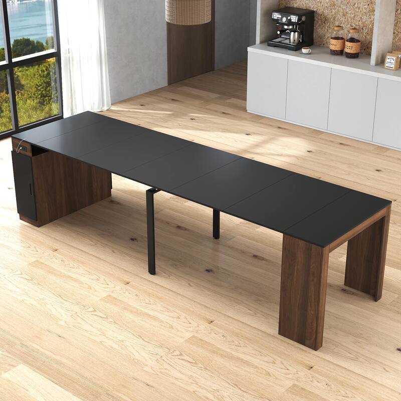 Modern Extendable Dining Table with Outlet & Storage, Space-Saving Expanding Table for Party & Meetings