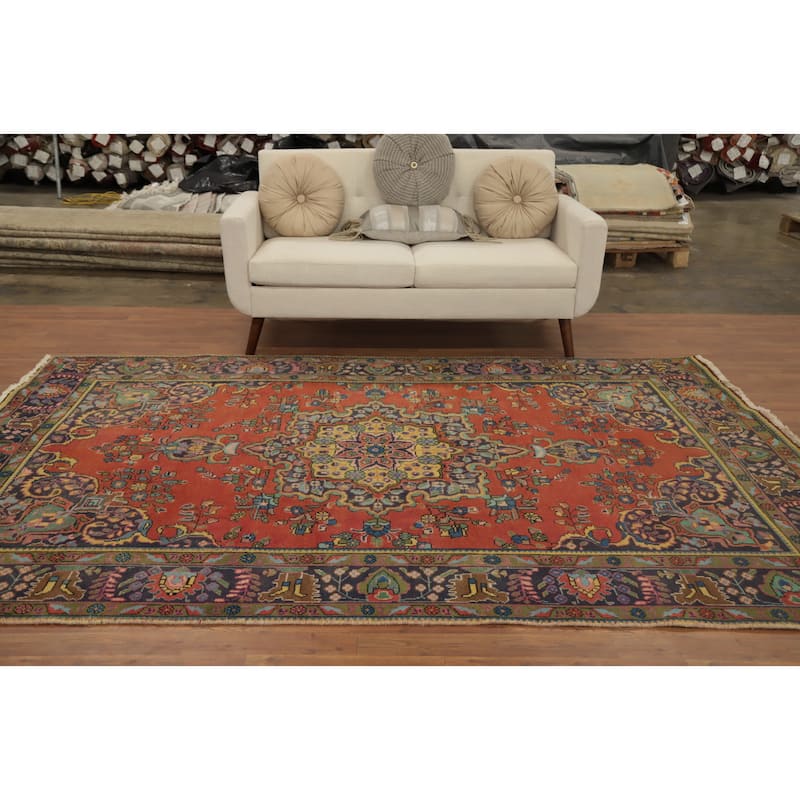 Hand Knotted Oriental 100% Wool Carpet Traditional Floral Oranges & Rust Tabriz Area Rug - 9' 5'' X 6' 5''