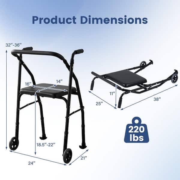 dimension image slide 1 of 2, Costway Folding Walker for Seniors, Lightweight Aluminum Mobility
