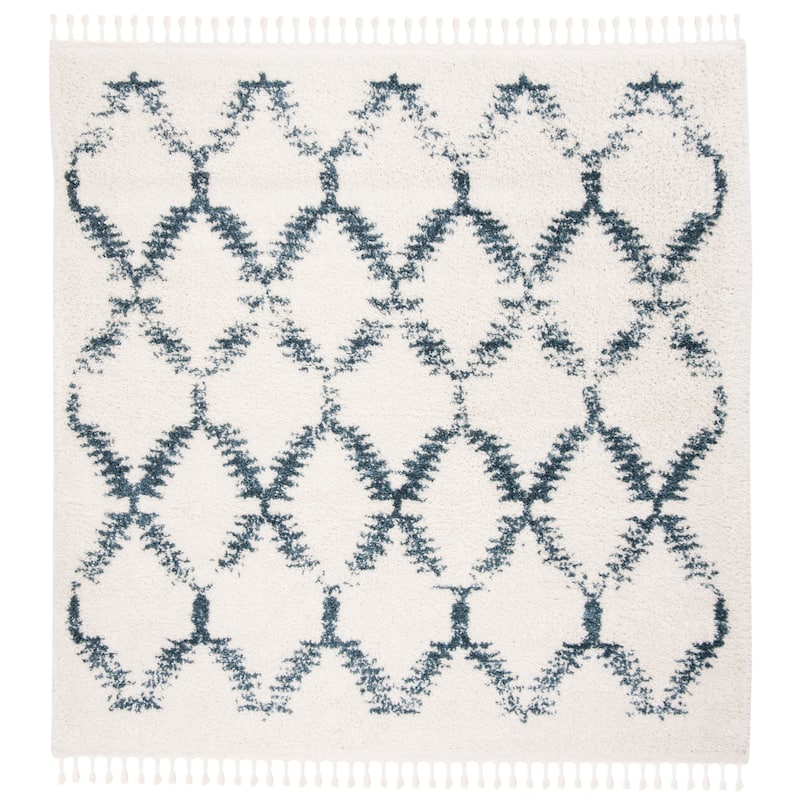 SAFAVIEH Berber Fringe Shag Lillis Trellis 1.2-inch Thick Rug - 6'7" Square - Cream/Blue