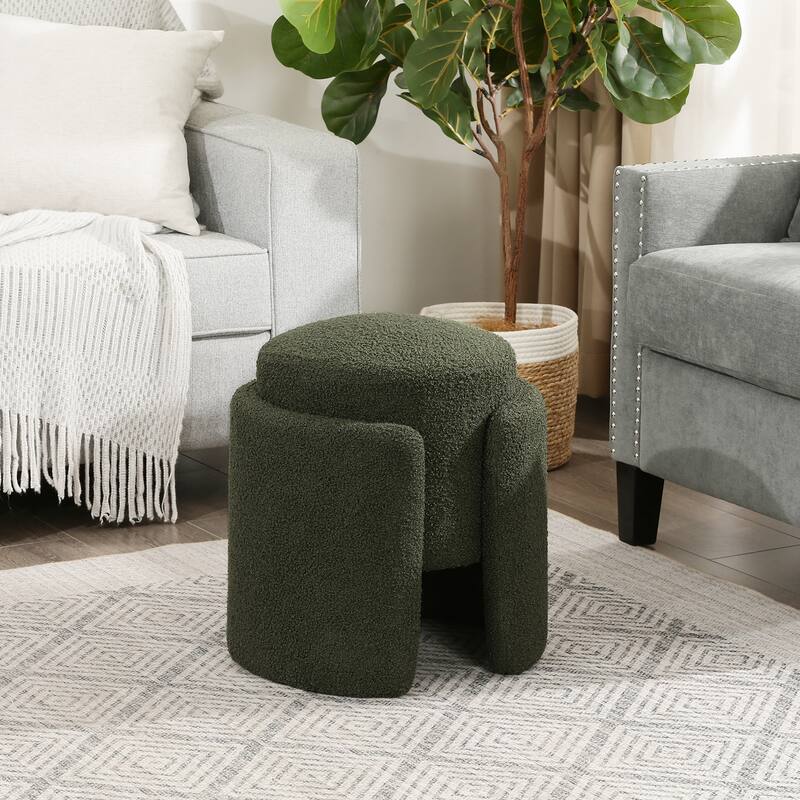 Adeco Round Ottoman Teddy Foot Stool for Living Room Bedroom - Green