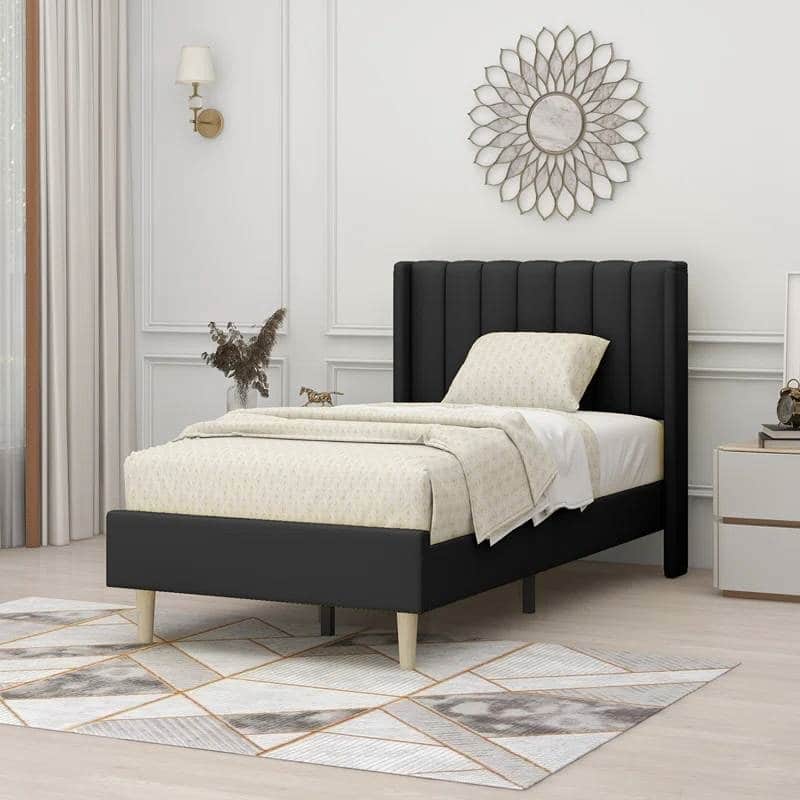 Twin Size Mid Century Modern Platform Bed Frame with Upholstered Headboard Linen No Box Spring Needed