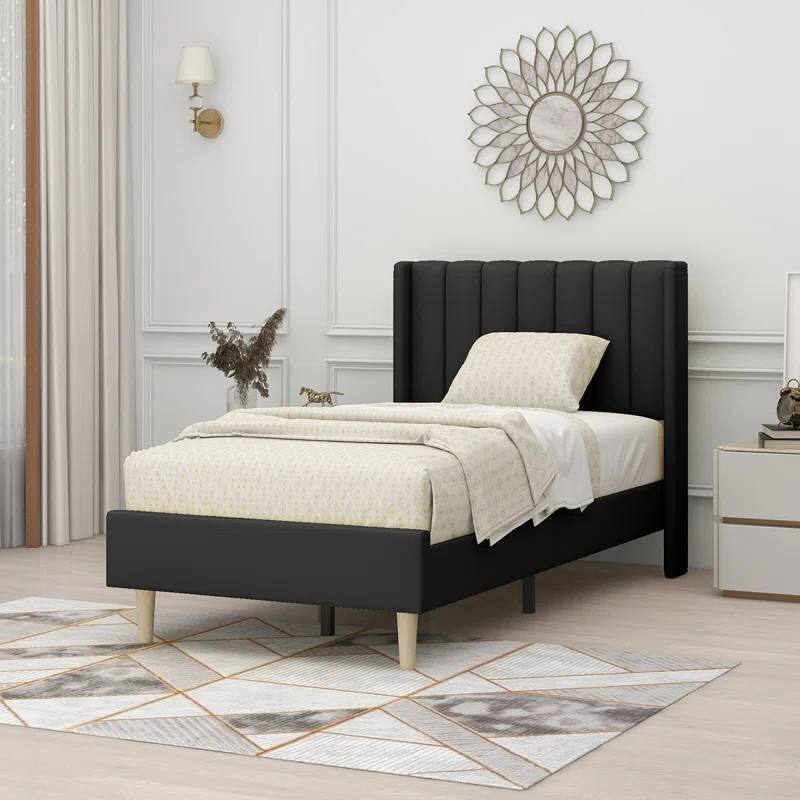 Twin Size Mid Century Modern Platform Bed Frame with Upholstered Headboard Linen No Box Spring Needed - Black