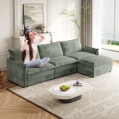 109" Corduroy 3-Seater Cloud Sectional Sofa with Movable Ottoman