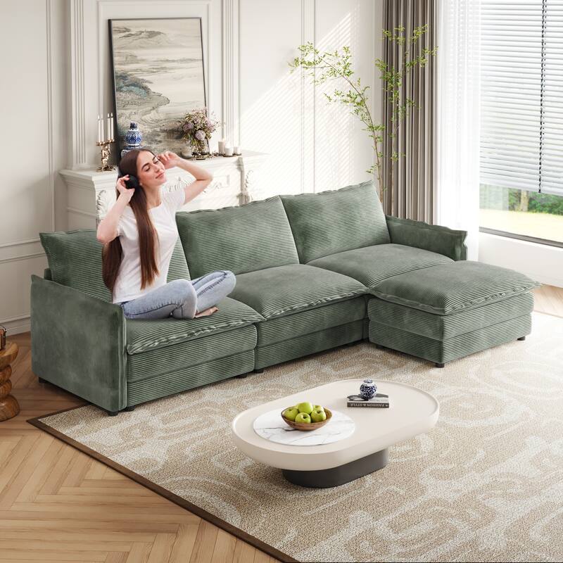 Corduroy Cloud Sectional Sofa Modular L Shaped Couch with Ottoman
