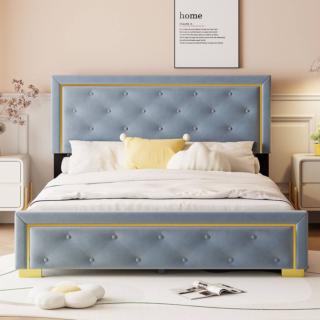 Queen Size Upholstered Platform Bed w/ Pull Point Headboard & Metal Wire Frame At The Head And Foot Of The Bed, Velvet, Gray
