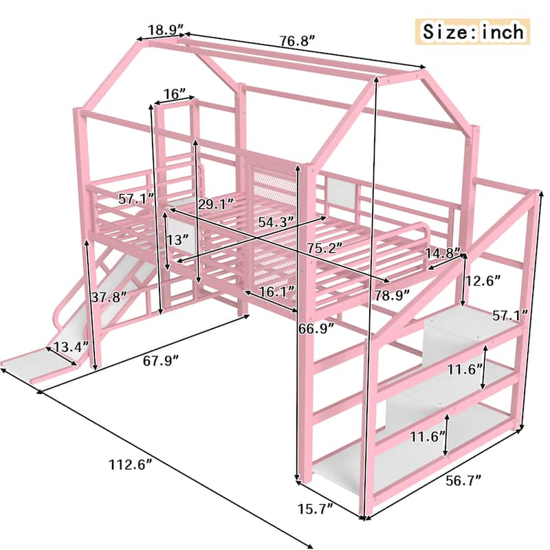 Full/Twin House Loft Bed with Slide, Stairs and Storage Shelves, Metal Playhouse Bed