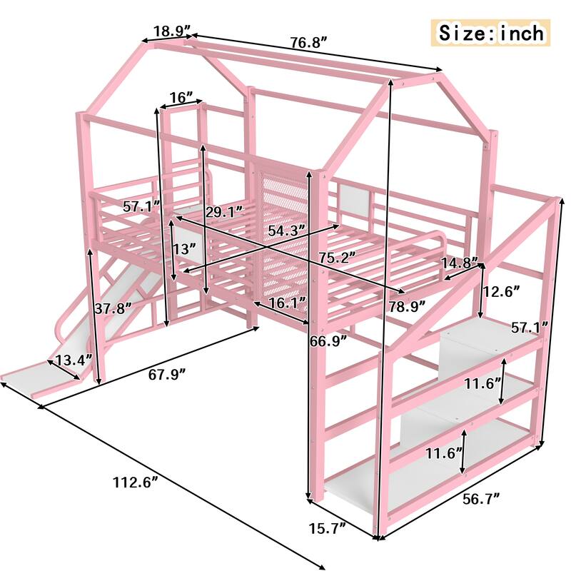 Roomfitters House Loft Bed with Slide and Stairs, Metal Playhouse Frame with Storage Shelves