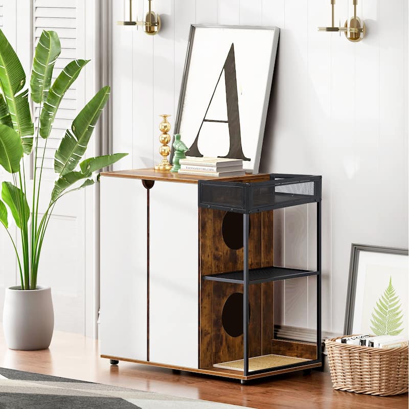 Litter Box Enclosure for 2 Cats. Cat Litter Box Furniture,Enclosed Cat Litter Boxes,Cat Furniture Cabinet,Rustic Brown - White+Walnut