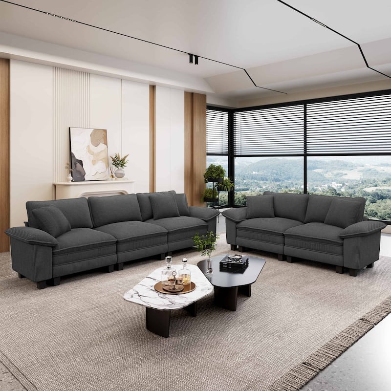 MAISON ARTS 2-Piece Chenille & Corduroy Sofa Set, Comfy 3/4/5-Seater Modular Loveseat & Armchair with Throw Pillows - Grey Corduroy(5 Pieces) - Left Facing