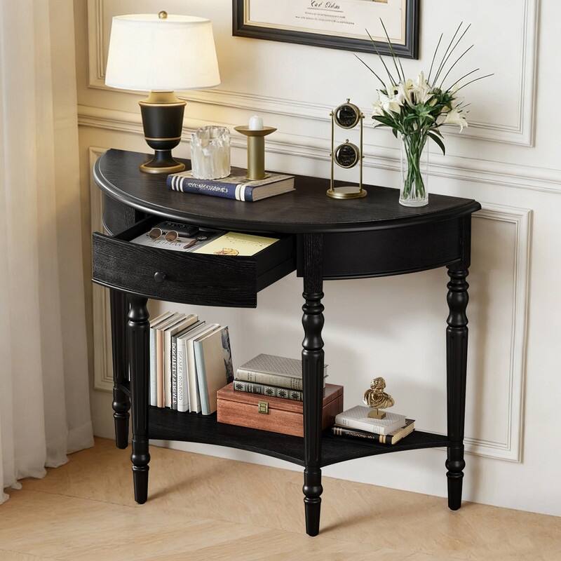 Farmhouse Half Moon Console Table with Drawer and Shelf for Entryway and Living Room Decor