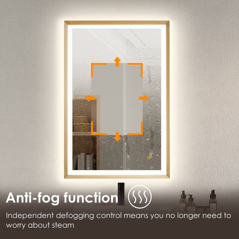 Apollo Rectangular Anti-Fog Dimmable Modern Bathroom/Vanity LED Lighted Wall Mirror in Brushed Gold Aluminum Framed