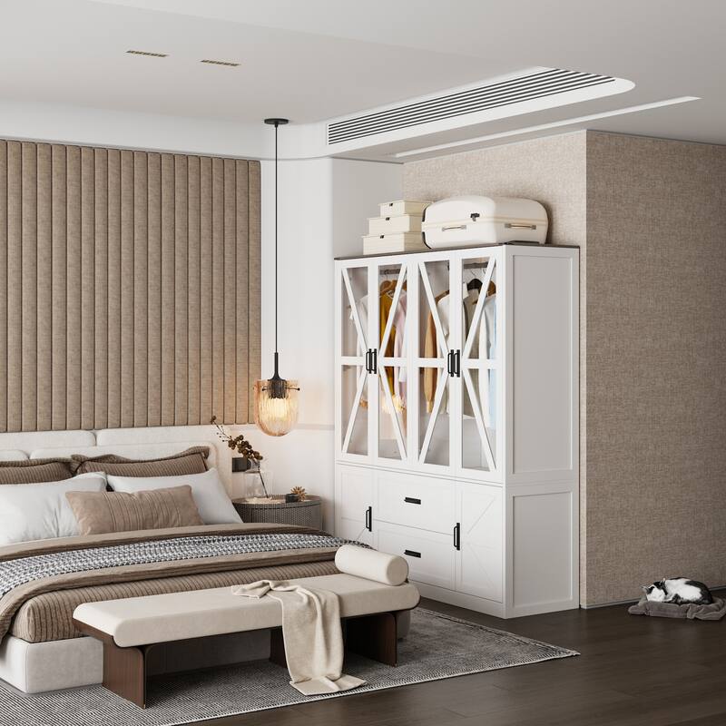 Wardrobe Closet with Glass Doors, 6 Cabinets, 2 Drawers & LED Hanging Rods Bedroom Armoire Storage Organizer