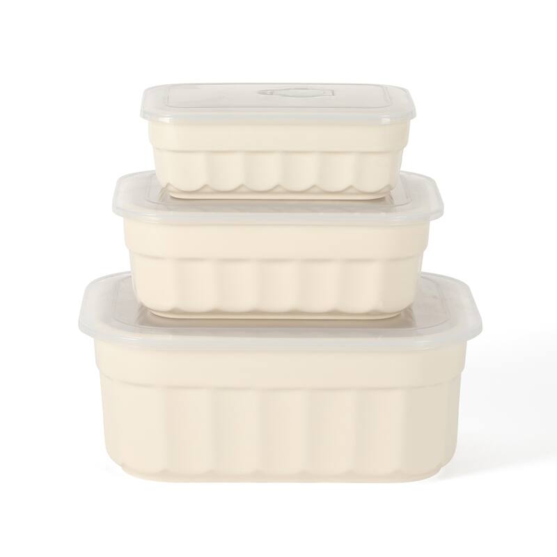 Martha Stewart Broadbrook 6 Piece Stoneware Meal Prep Container Set with Lids, Cream, Oven, Microwave & Dishwasher Safe