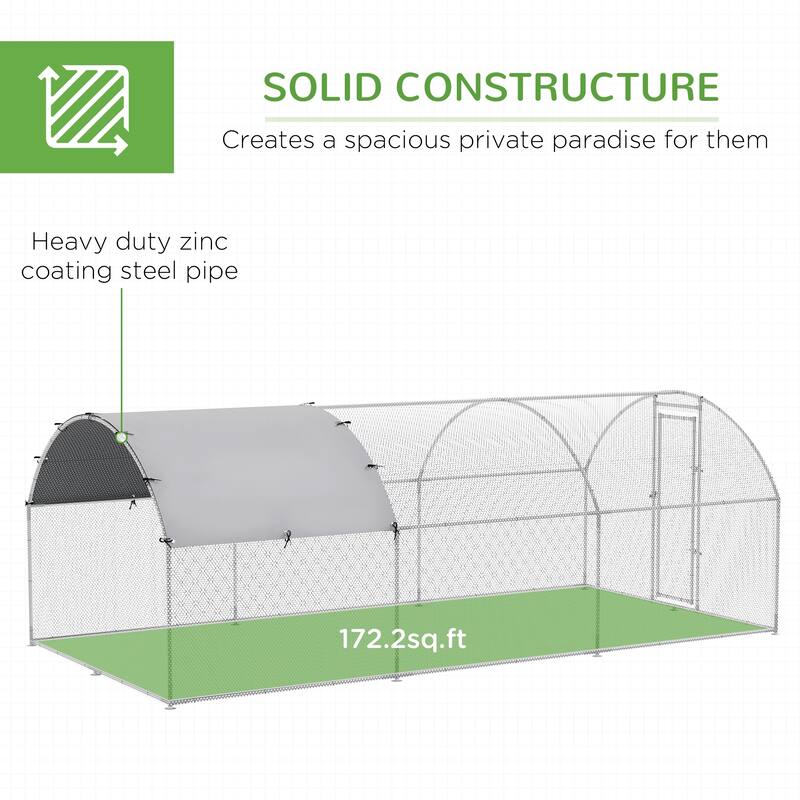 Silver Galvanized Steel Chicken Coop with Powder-Coated Mesh and Lockable Door Large Outdoor Run